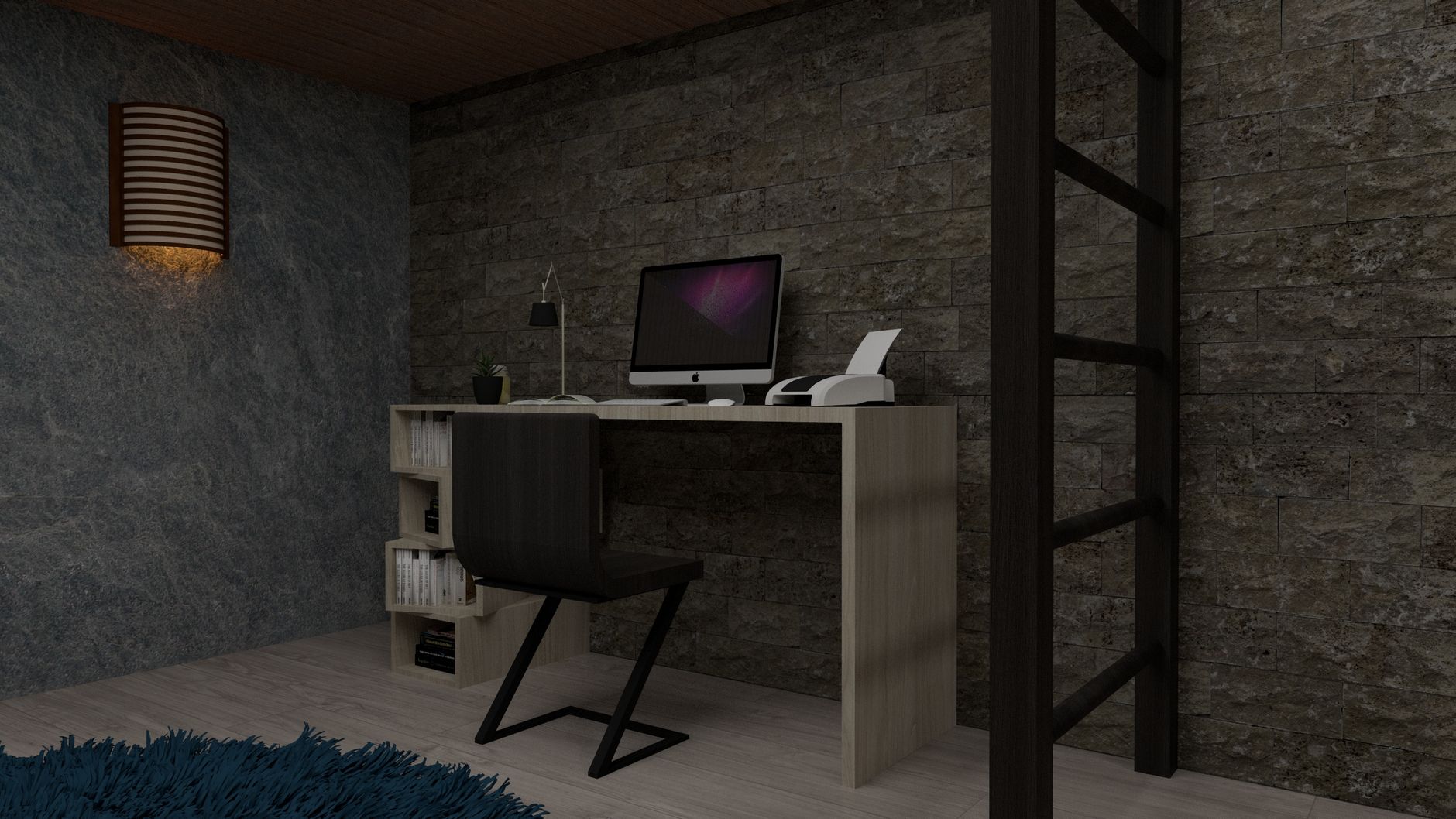 Mørkt kontor med skrivebord og computer